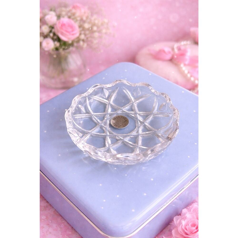 Vintage Cut Crystal Glass Dish Trinket Candy Star Pattern Cottagecore Vanity